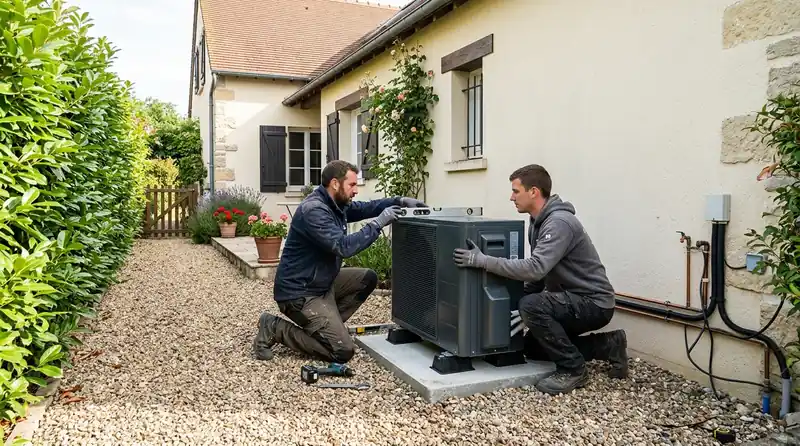 Installateur raccordant l'unité extérieure d'une pompe à chaleur dans le Aude
